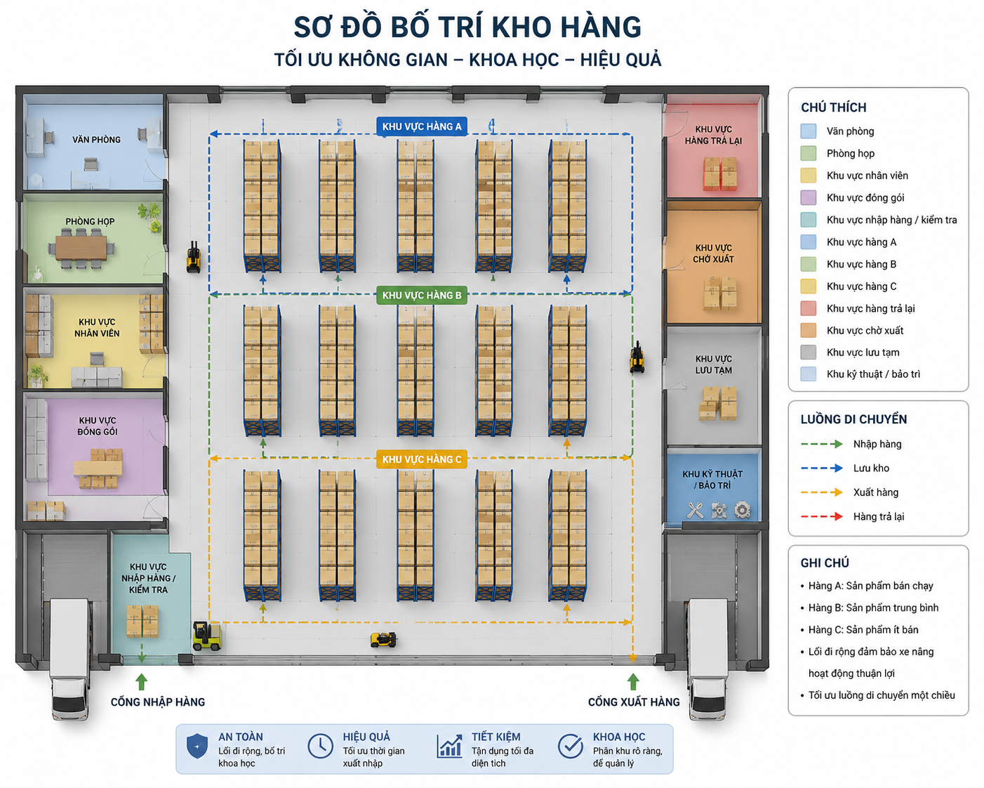 Bố trí kho hàng một cách khoa học sẽ giúp tối ưu quá trình xuất nhập, bảo quản hàng hóa
