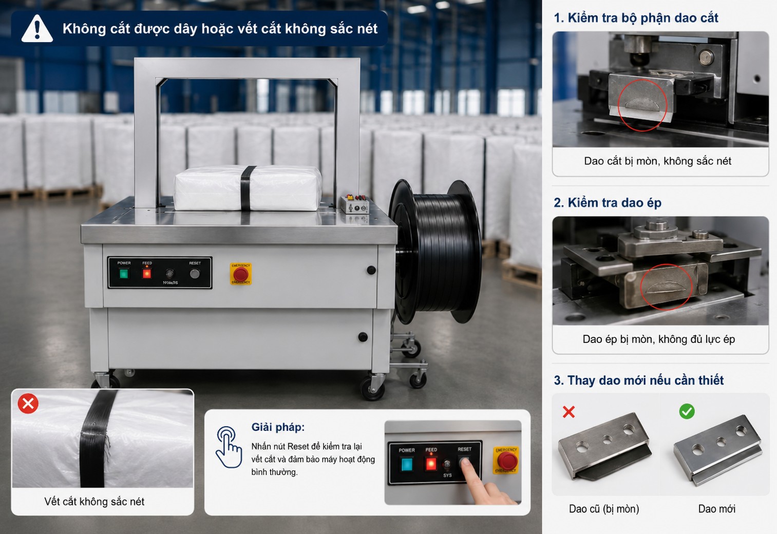 Không cắt được dây hoặc vết cắt không sắc nét