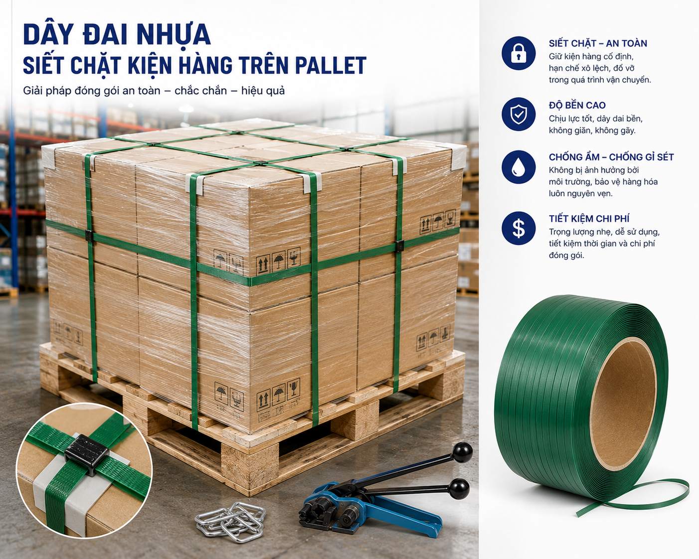 Dây đai nhựa siết chặt kiện hàng trên pallet