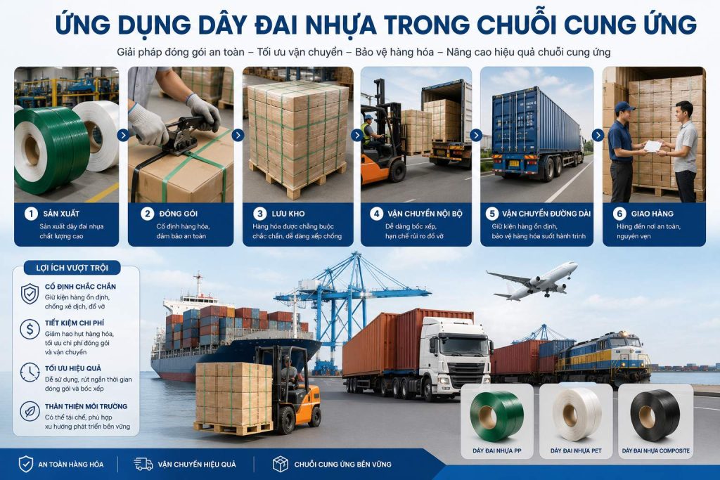 Ứng dụng dây đai nhựa trong chuỗi cung ứng