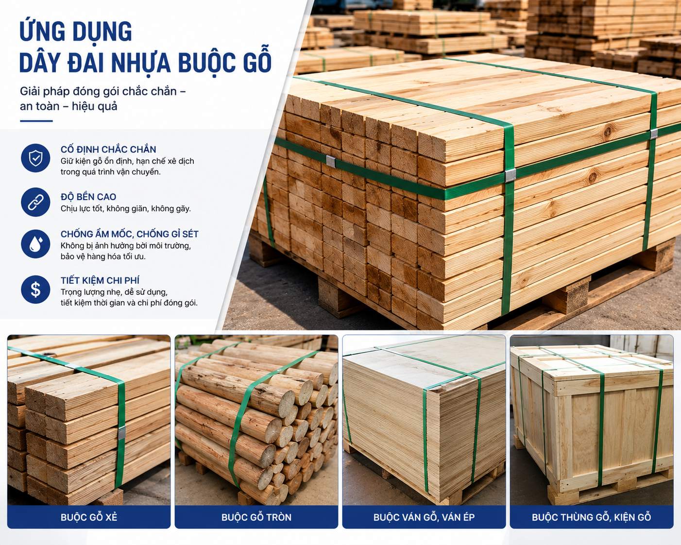 Ứng dụng dây đai nhựa buộc gỗ