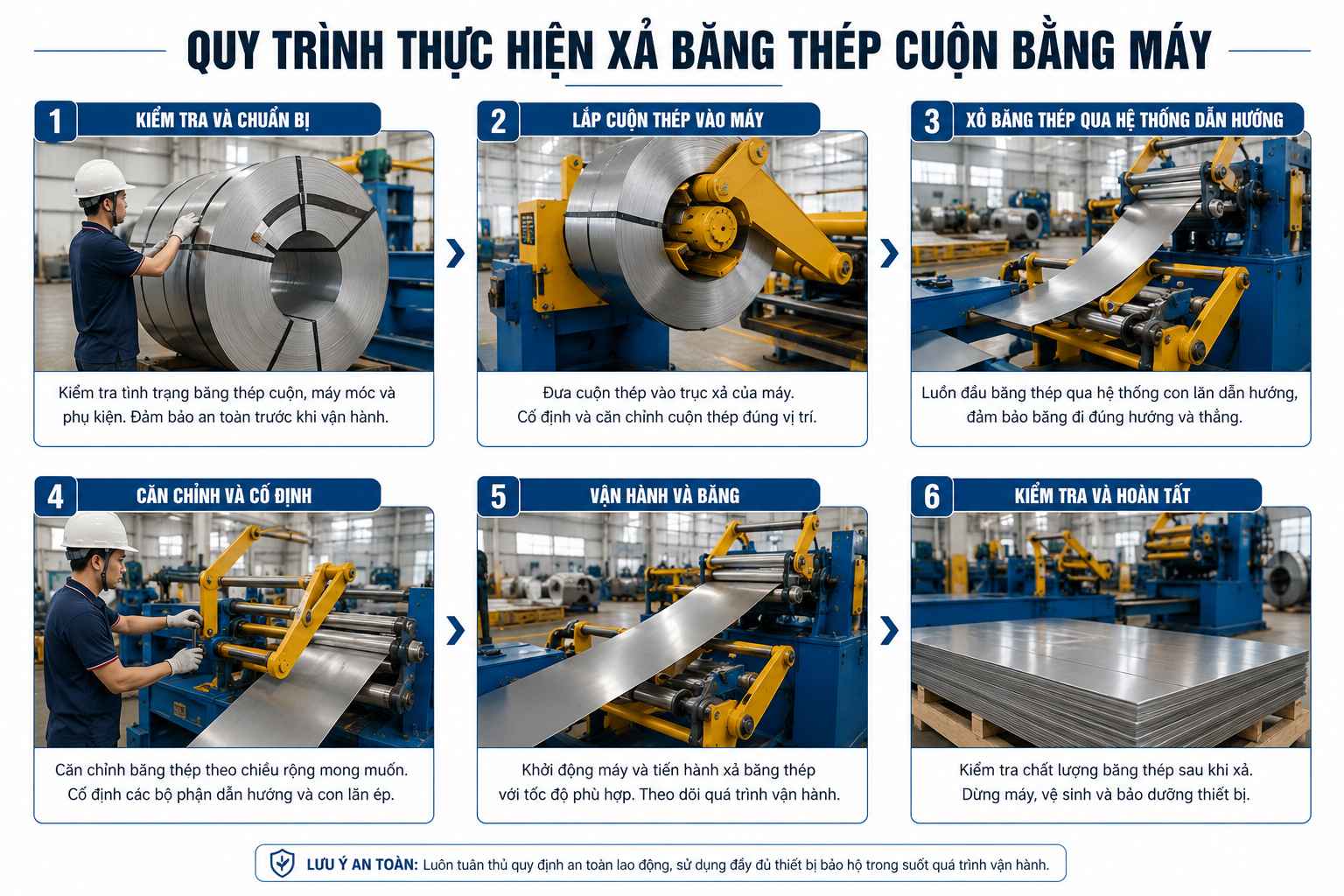 Quy trình thực hiện xả băng thép cuộn bằng máy chuyên dụng