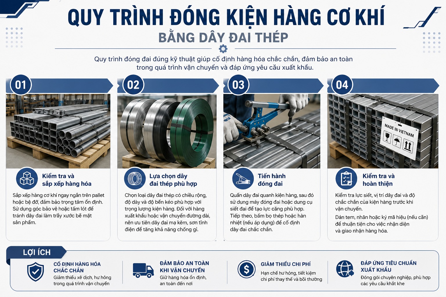 Quy trình đóng kiện hàng cơ khí bằng dây đai thép
